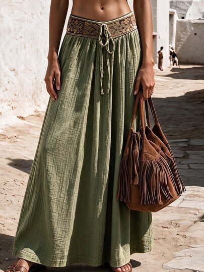 SHEIN Holidaya Women's Wavy Pleated Embroidered Floral Pattern Woven Waist Skirt, Suitable For Spring/Summer, Casual Daily Wear, Fresh Style Skirt, Office, Versatile Casual Skirt, Casual Vacation Beach Wear, Country Music Concert, Holiday Vacation Green Skirt, June Festival Party Skirt