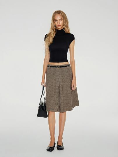 ATUI Studio Elegant Pleated Wool Skirt, Houndstooth Knee Length Skirt, Minimalism Modern Effortless Chic Elevating Basics, Office Commute Daily
