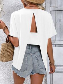 Breezaya Women's Short Sleeve Round Neck Casual T-Shirt With Back Slit - White - View 8