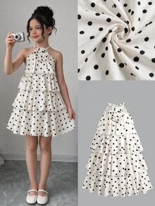 SHEIN Serisse Kids Kids Tween Girls White Black Polka Dot Printed Dress, Elegant Ruffle Party Dresses With 3D Floral - Apricot - View 9