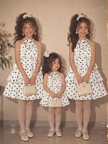 SHEIN Serisse Kids Kids Tween Girls White Black Polka Dot Printed Dress, Elegant Ruffle Party Dresses With 3D Floral - Apricot - View 14