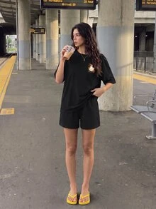 Aidyla Women's Pumpkin Print Round Neck Casual Streetwear Versatile T-Shirt Shorts Set Halloween Everyday Daytime Black Summer - Black - View 1