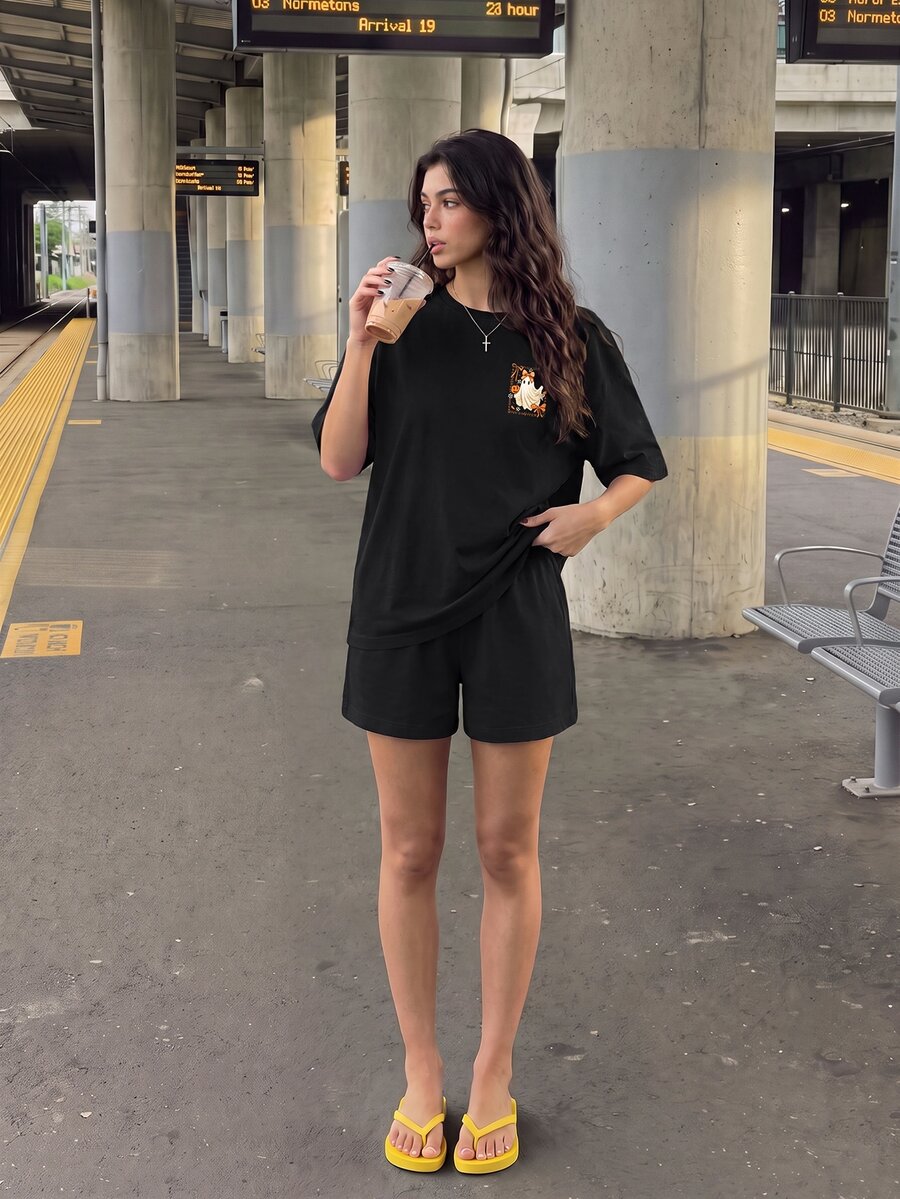 Aidyla Women's Pumpkin Print Round Neck Casual Streetwear Versatile T-Shirt Shorts Set Halloween Everyday Daytime Black Summer - Black - View 1