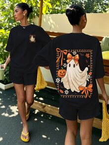 Aidyla Women's Pumpkin Print Round Neck Casual Streetwear Versatile T-Shirt Shorts Set Halloween Everyday Daytime Black Summer - Black - View 4