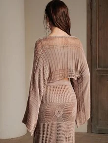 Anewsta 女士镂空针织套头罩衫 - 卡其色 - 查看 8