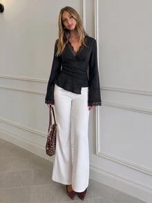 Siren Gaze Women's Fall Lace Trim V-Neck Draped Peplum Top Elegant Romantic French Flare Long Sleeve Cinched Waist Office Night Out Brunch Party Blouse Black - Black - View 3