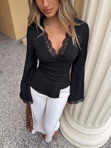 Siren Gaze Women's Fall Lace Trim V-Neck Draped Peplum Top Elegant Romantic French Flare Long Sleeve Cinched Waist Office Night Out Brunch Party Blouse Black - Black - View 4