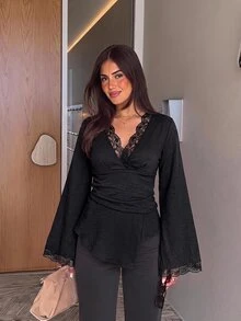 Siren Gaze Women's Fall Lace Trim V-Neck Draped Peplum Top Elegant Romantic French Flare Long Sleeve Cinched Waist Office Night Out Brunch Party Blouse Black - Black - View 1