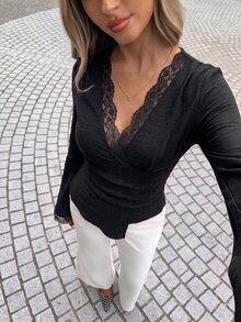 Siren Gaze Women's Fall Lace Trim V-Neck Draped Peplum Top Elegant Romantic French Flare Long Sleeve Cinched Waist Office Night Out Brunch Party Blouse Black - Black - View 5