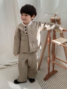 DAZY Infant Boys Round Neck Solid Color Casual Jacket Set - Apricot - View 7