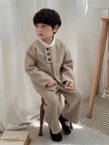 DAZY Infant Boys Round Neck Solid Color Casual Jacket Set - Apricot - View 1