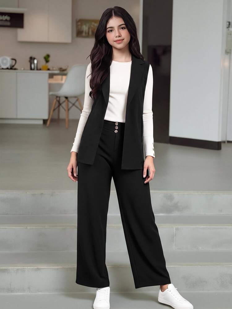 SHEIN 3-Piece Commuter Elegant Set For Teen Girls: Black Sleeveless Blazer, Fall Outfits, Fall, White T-Shirt, Black Pants - Black - View 1
