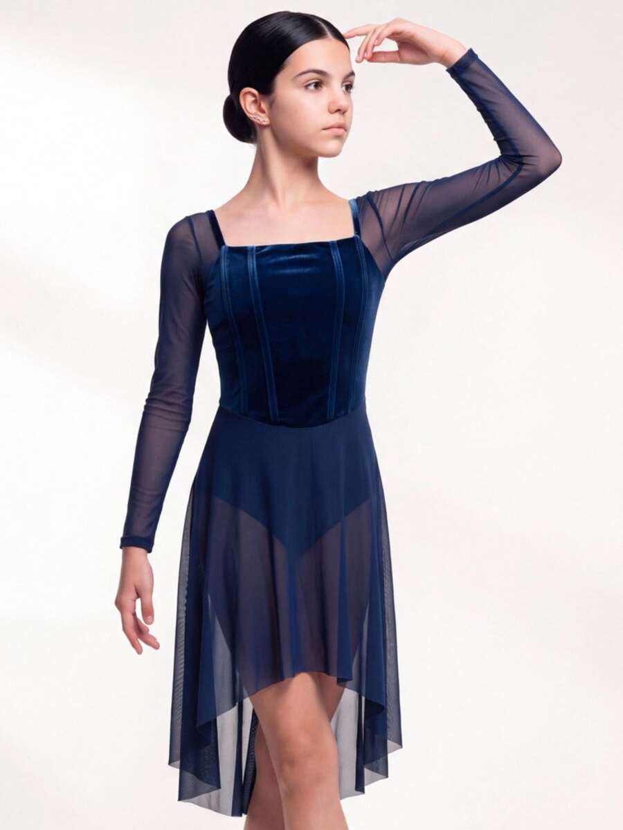 SHEIN بدلة رياضية خريفية طويلة الأكمام من الشبك بتصميم عظم السمك ضيقة للفتيات المراهقات - أزرق غامق - مشاهدة 1