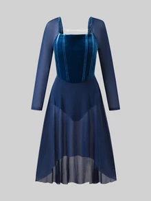 SHEIN بدلة رياضية خريفية طويلة الأكمام من الشبك بتصميم عظم السمك ضيقة للفتيات المراهقات - أزرق غامق - مشاهدة 6