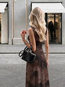 Firerie Minimalist Elegant Romantic Date Brunch Daily Commute Brown Checkered Small Stand Collar Sleeveless Waist-Cinching Pleated A-Line Long Dress Summer - Brown - View 2