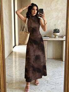 Firerie Minimalist Elegant Romantic Date Brunch Daily Commute Brown Checkered Small Stand Collar Sleeveless Waist-Cinching Pleated A-Line Long Dress Summer - Brown - View 4