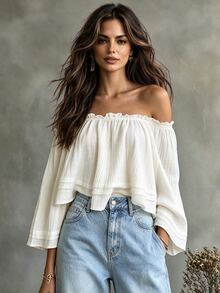 Glimmora Atasan Lengan Panjang Model Off-Shoulder Pendek - Aprikot - View 1