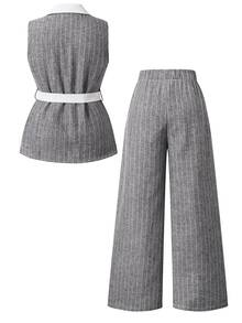Tween Girls Striped Suit Set,Sleeveless Blazer Vest Belt Wide Leg Pants, Wedding Family School Outfits, Casual Western Cute 80s Grey Summer - Grey - View 2