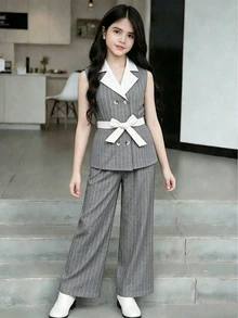 Tween Girls Striped Suit Set,Sleeveless Blazer Vest Belt Wide Leg Pants, Wedding Family School Outfits, Casual Western Cute 80s Grey Summer - Grey - View 3