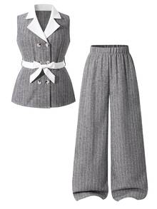 Tween Girls Striped Suit Set,Sleeveless Blazer Vest Belt Wide Leg Pants, Wedding Family School Outfits, Casual Western Cute 80s Grey Summer - Grey - View 5