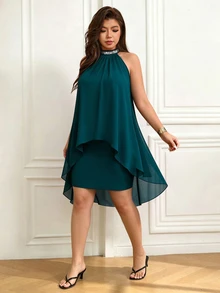 Femmeverse Women's Plus Size Summer New Ruched Halter Neck Sequin Patchwork Sleeveless High Waist Bodycon Dress - Blue - View 3