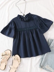 少女女孩優雅可愛夏季海軍藍花瓣袖上衣，返校校園上衣，休閒度假旅行穿搭，柔軟面料 - 藏蓝色 - 查看 3
