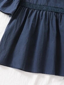 少女女孩優雅可愛夏季海軍藍花瓣袖上衣，返校校園上衣，休閒度假旅行穿搭，柔軟面料 - 藏蓝色 - 查看 6