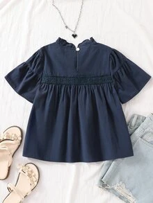 少女女孩優雅可愛夏季海軍藍花瓣袖上衣，返校校園上衣，休閒度假旅行穿搭，柔軟面料 - 藏蓝色 - 查看 4