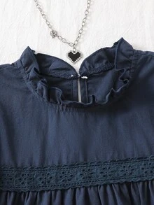 少女女孩優雅可愛夏季海軍藍花瓣袖上衣，返校校園上衣，休閒度假旅行穿搭，柔軟面料 - 藏蓝色 - 查看 9