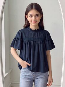 少女女孩優雅可愛夏季海軍藍花瓣袖上衣，返校校園上衣，休閒度假旅行穿搭，柔軟面料 - 藏蓝色 - 查看 1