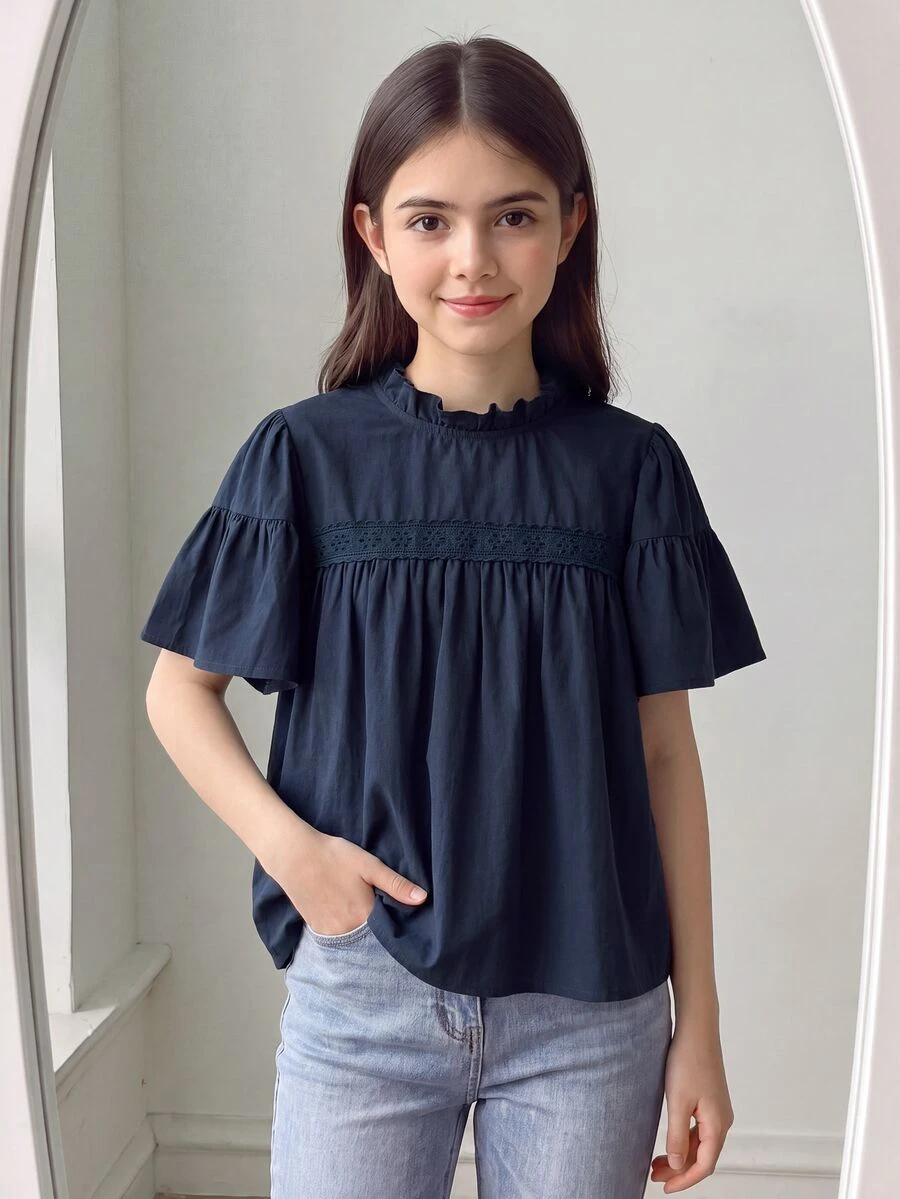 少女女孩優雅可愛夏季海軍藍花瓣袖上衣,返校校園上衣,休閒度假旅行穿搭,柔軟面料 - 藏蓝色 - 查看 1
