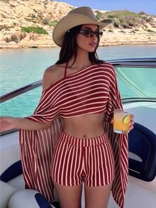 SHEIN Swim 春夏新款彩色針織寬鬆露肩性感長袖開襟衫與短褲比基尼套裝女款泳裝 - 紅色 - 查看 1