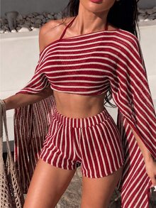 SHEIN Swim 春夏新款彩色針織寬鬆露肩性感長袖開襟衫與短褲比基尼套裝女款泳裝 - 紅色 - 查看 5