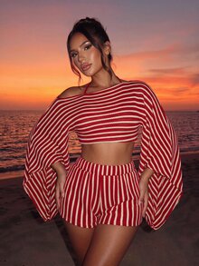 SHEIN Swim 春夏新款彩色針織寬鬆露肩性感長袖開襟衫與短褲比基尼套裝女款泳裝 - 紅色 - 查看 4