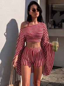 SHEIN Swim 春夏新款彩色針織寬鬆露肩性感長袖開襟衫與短褲比基尼套裝女款泳裝 - 紅色 - 查看 6