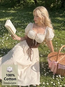 SHEIN MOD 女款 100% 純棉 素色方領荷葉邊泡泡袖綁帶束腰乳女風洋裝 杏色 甜美少女風 野餐聖誕秋季洋裝 - 棕色 - 查看 2