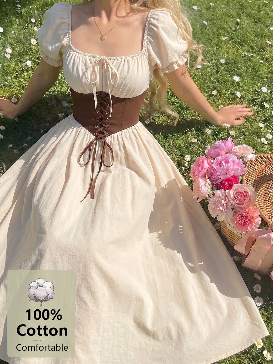 SHEIN MOD 女款 100% 純棉 素色方領荷葉邊泡泡袖綁帶束腰乳女風洋裝 杏色 甜美少女風 野餐聖誕秋季洋裝 - 棕色 - 查看 1