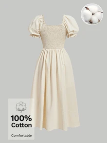 SHEIN MOD 女款 100% 純棉 素色方領荷葉邊泡泡袖綁帶束腰乳女風洋裝 杏色 甜美少女風 野餐聖誕秋季洋裝 - 棕色 - 查看 6