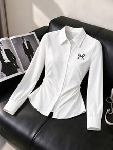 SHEIN Teen Girl Fall Bow Print Long Sleeve Single-Breasted Shirt, Holiday, Casual, Comfortable - White - View 3