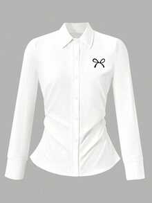 SHEIN Teen Girl Fall Bow Print Long Sleeve Single-Breasted Shirt, Holiday, Casual, Comfortable - White - View 9