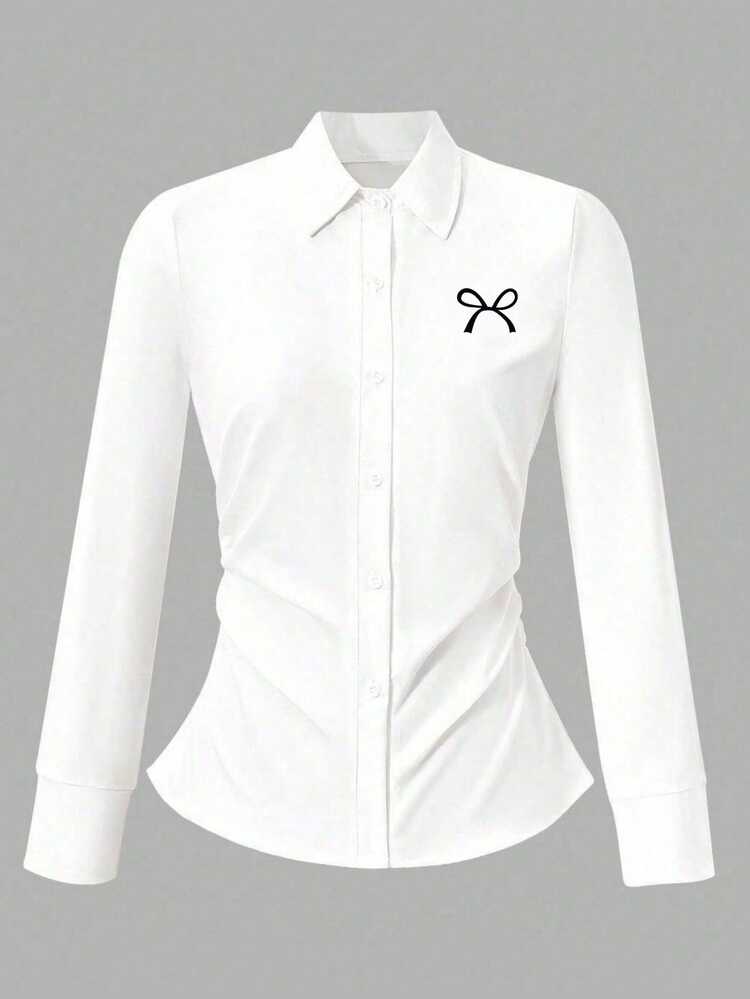 SHEIN Teen Girl Fall Bow Print Long Sleeve Single-Breasted Shirt, Holiday, Casual, Comfortable - White - View 9