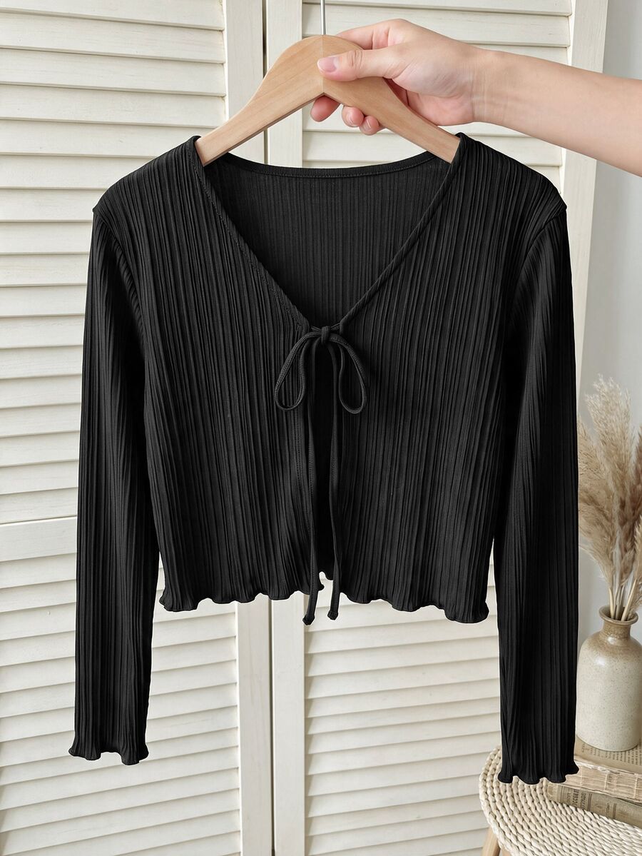 SHEIN Tween Girls Fall Clothes Textured Knit Fabric Sweet Puff Sleeve 3D Pearl Decor Shoulder Elegant Cute Baggy Short Long Sleeve Zippered Black Jacket