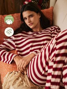 Lullawish Women's Casual Striped Long Sleeve Long Pants Pajama Set - Red - View 1