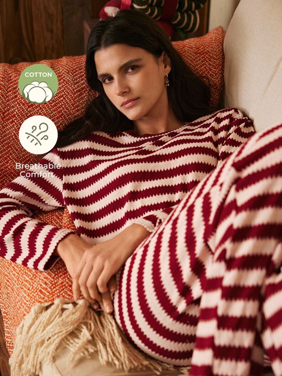 Lullawish Women's Casual Striped Long Sleeve Long Pants Pajama Set - Red - View 1
