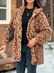 SHEIN EZwear Women's Leopard Print Casual Versatile Daily Wear Hooded Jacket Everyday Tan Fall - Multicolor - View 5