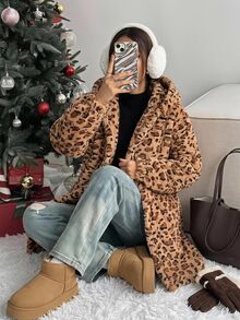 SHEIN EZwear Women's Leopard Print Casual Versatile Daily Wear Hooded Jacket Everyday Tan Fall - Multicolor - View 9