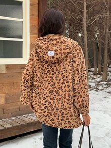 SHEIN EZwear Women's Leopard Print Casual Versatile Daily Wear Hooded Jacket Everyday Tan Fall - Multicolor - View 2