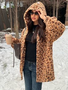 SHEIN EZwear Women's Leopard Print Casual Versatile Daily Wear Hooded Jacket Everyday Tan Fall - Multicolor - View 7