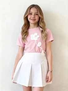 SHEIN Tween Girls Elegant Floral Decor Round Neck Short Sleeve T-Shirt + Solid Color Skirt 2-Piece Set - Pink - View 3