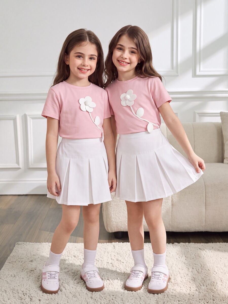SHEIN Tween Girls Elegant Floral Decor Round Neck Short Sleeve T-Shirt + Solid Color Skirt 2-Piece Set - Pink - View 1